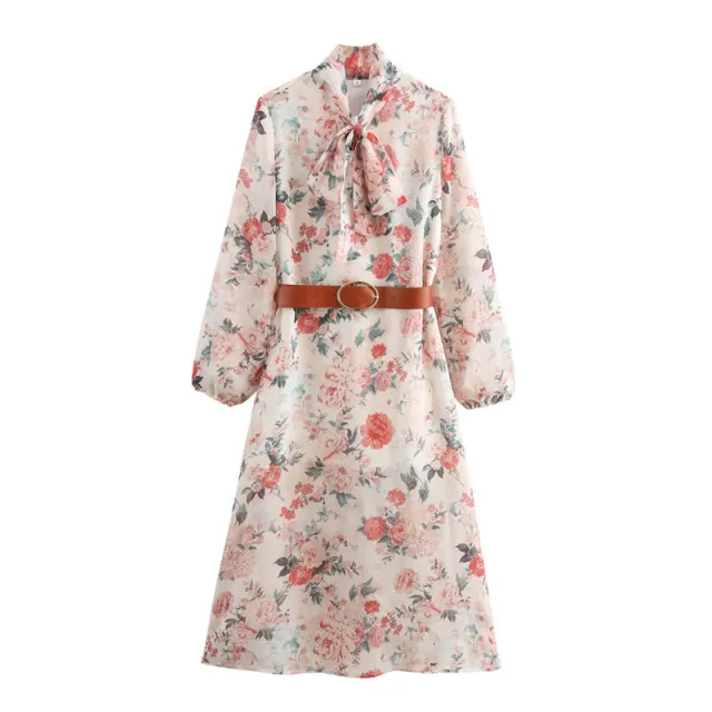 European And American Style French Style With Belt Flower Print Midi Skirt Dress - Shop at LoveMi