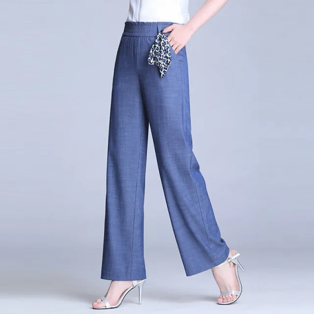 Ice Silk Draping Wide Leg Women's High Waist Loose Plus Size Blue - Shop at LoveMi