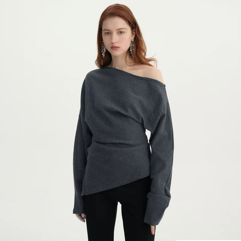 XY24507 Autumn 2024 New Fashionable Casual Solid Color Versatile Knit Long Sleeve Off-the-shoulder Lazy Top for Women