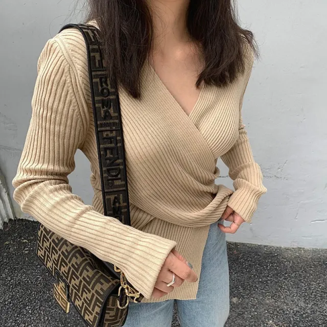 Autumn Elegant Slimming V neckline Cross Knitted Sweater For Women Khaki - Shop at LoveMi