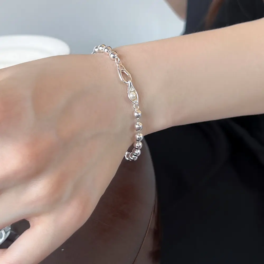 S925 Sterling Silver Bracelet Women's Simple Ball Bead Chain Pearl