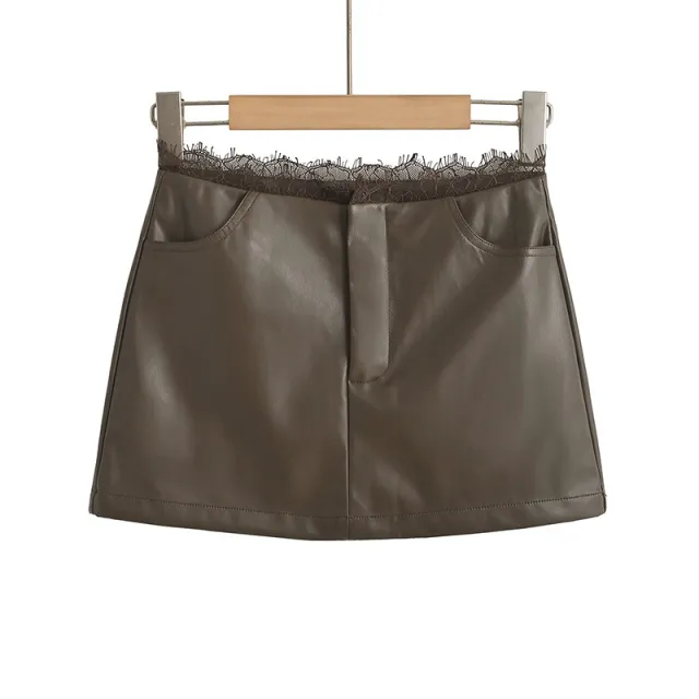 Lace Sexy Low Waist PU Leather Skirt Casual Short Skirt Brown - Shop at LoveMi