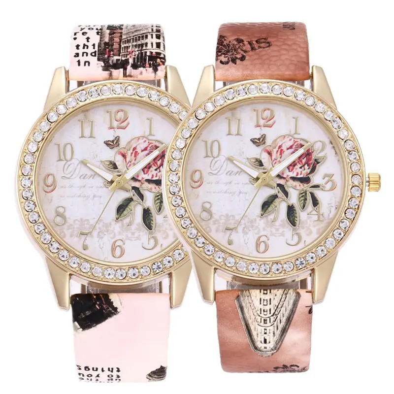 Diamond-inlaid Gold Case Rose Pattern Fashion Quartz