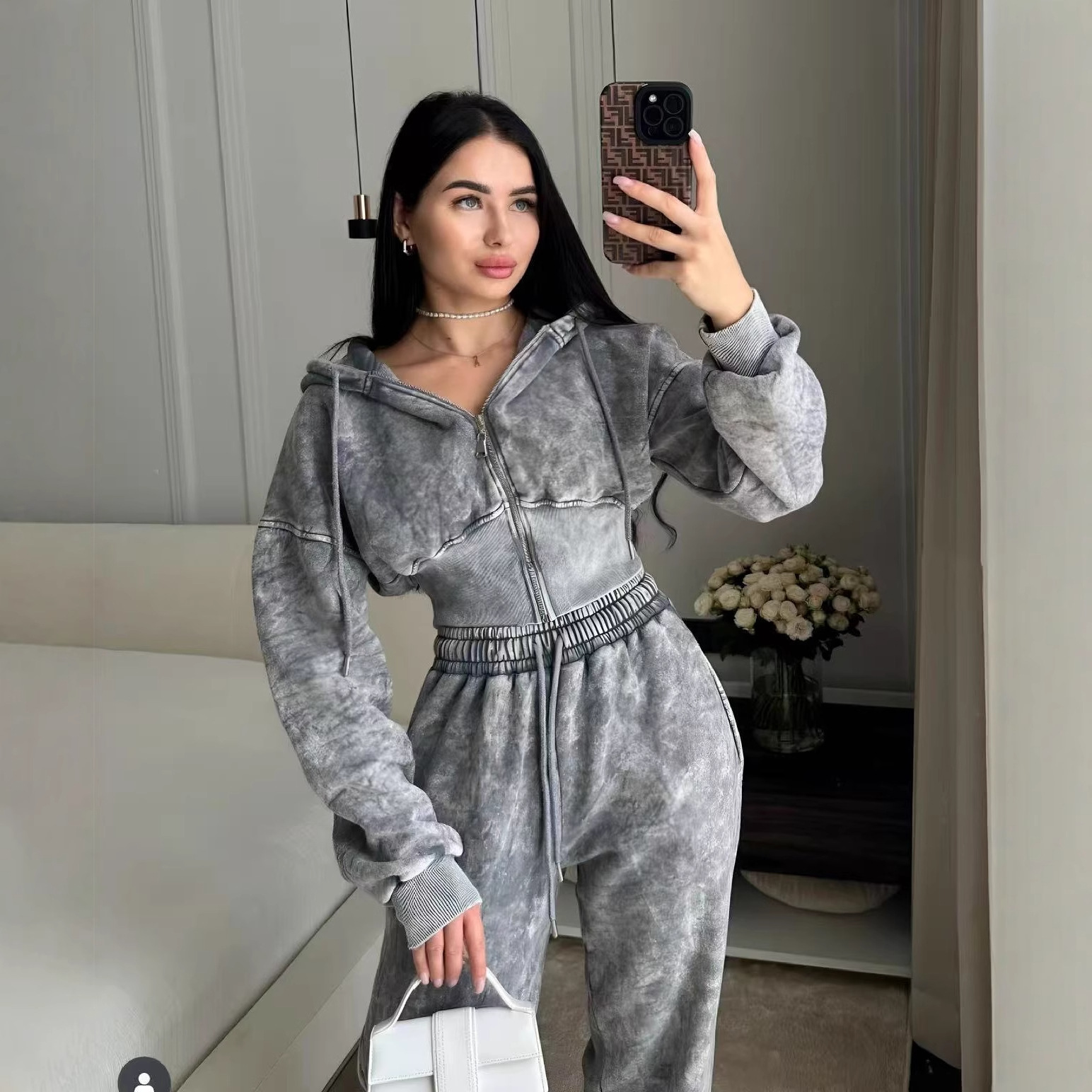 Womens Long-sleeve Zip-up Hoodie And Straight-leg High-waist Casual Sweatpants Set 4
