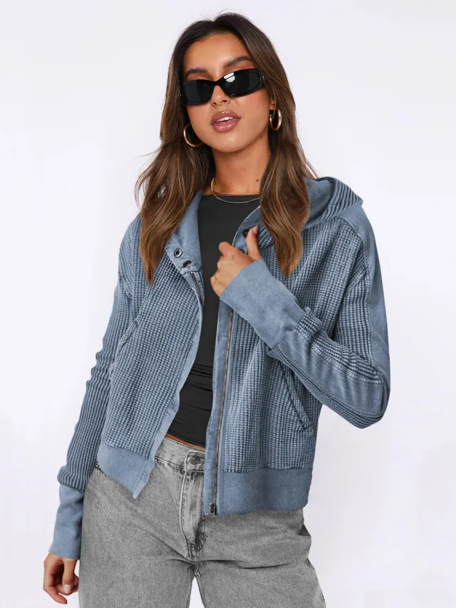 Patchwork Sweater Long Sleeve Cardigan Casual Zipper Top Blue - Shop at LoveMi