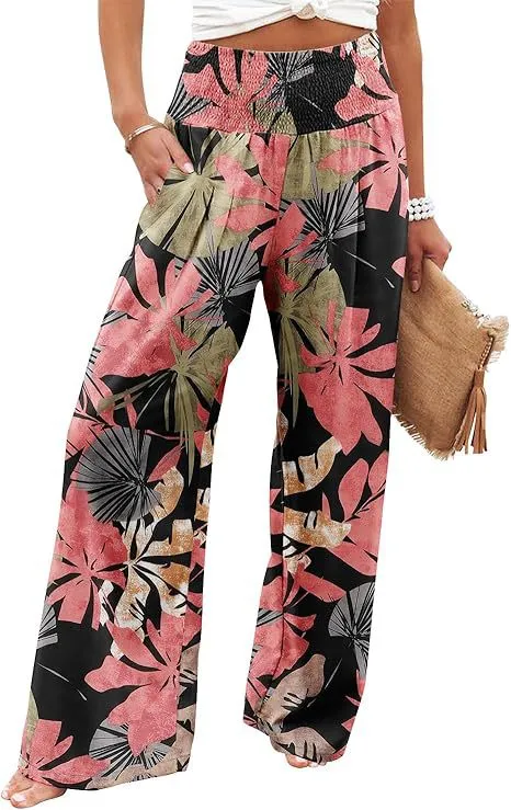 Summer Women's Fashion Loose Temperament Printed High Waist Wide Leg Trousers - Color-L