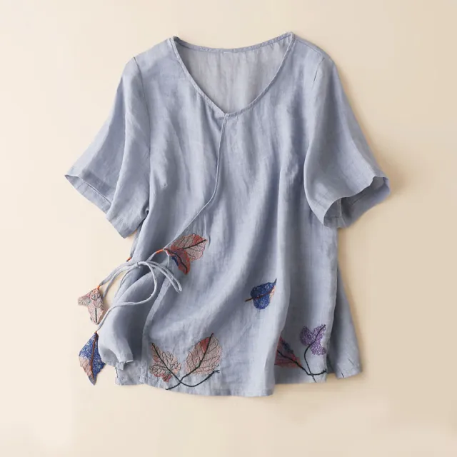 Retro Artistic Ramie Top Embroidery Tie neck Loose Slimming Diagonal Blue - Shop at LoveMi