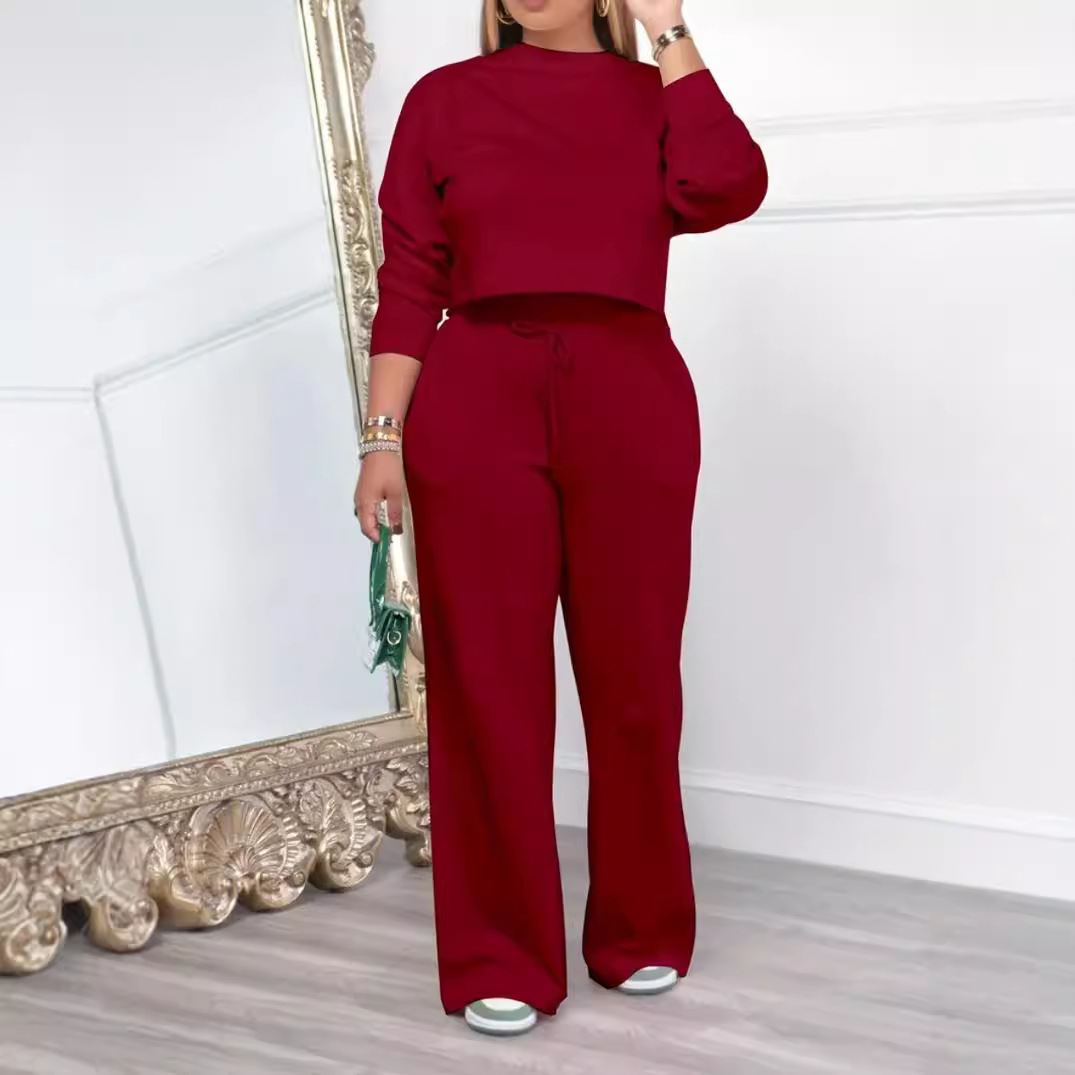 Women's Long-sleeved Round Neck Sweater Elastic Waist Pants Casual Fashion Two-piece Suit - Image 3