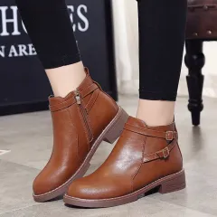 Womens Low-heeled Leather Buckle Ankle Boots - Brown - View 1