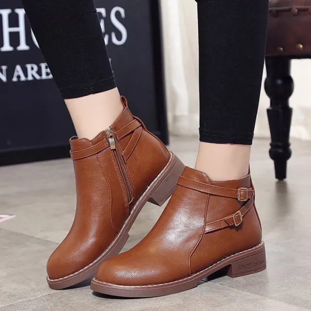 Womens Low heeled Leather Buckle Ankle Boots Brown - Shop at LoveMi