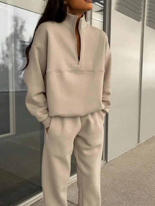 Long sleeved Sports Sweatshirt Suit Fashion Stand up Collar Zip up Top And Elastic Band Trousers With Pocket Srping Fall Clothing For Women Khaki - Shop at LoveMi