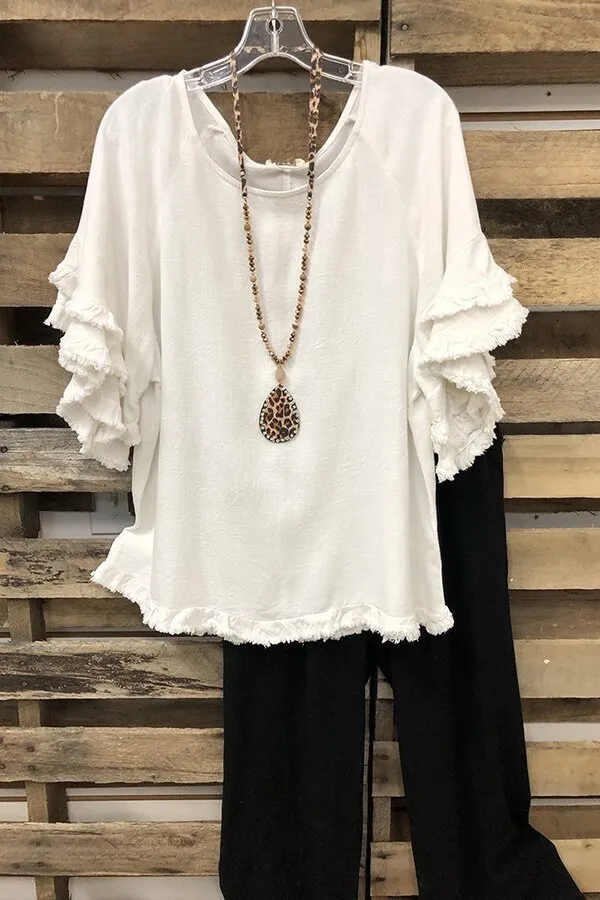 European And American Loose Plus Size Ruffle Sleeve T shirt Top White - Shop at LoveMi