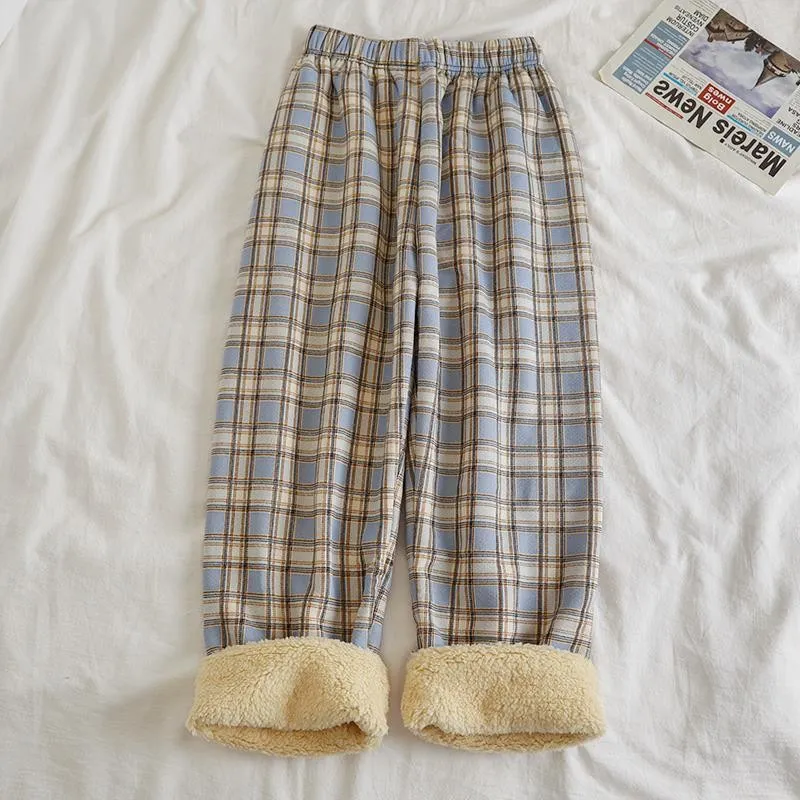 Fleece Cashmere Plaid Wide-leg Casual Pants - Blue Plaid, Brushed