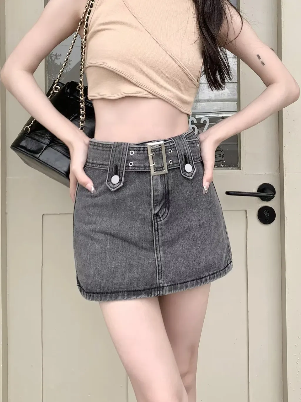 European And American Hot Girls Denim Pantskirt Anti-exposure A- Line Sheath - 8804 Black And Gray