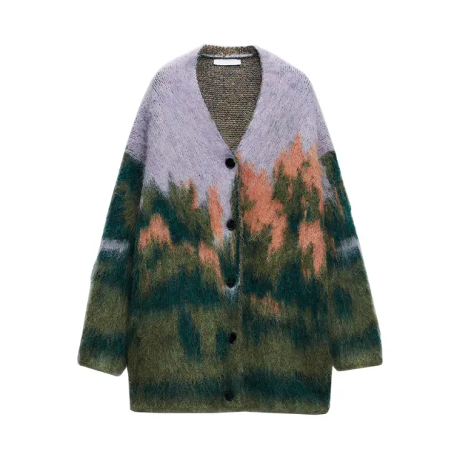 Cardigan Sweater Long Sleeve V neck Landscape Pattern Knitted Multicolor - Shop at LoveMi