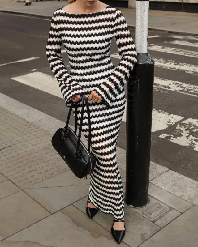 Sexy Women's Knitted Round neck Slit Dress, Fitted Off the shoulder Autumn And Winter Dress Black And White Stripes - Shop at LoveMi