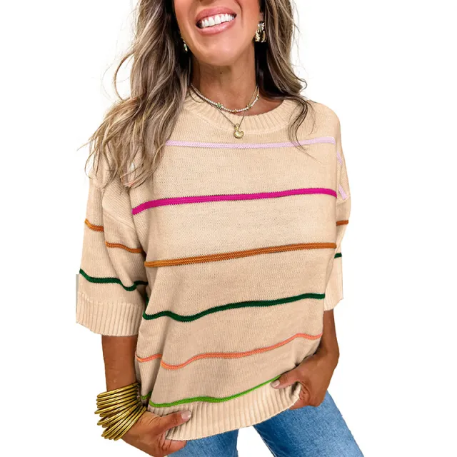 Color Contrast Patchwork Round Neck Sweater P1015Color - Shop at LoveMi