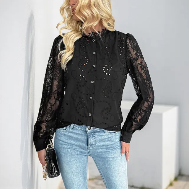 Solid Color Elegant Lace Stitching Blouse Black - Shop at LoveMi