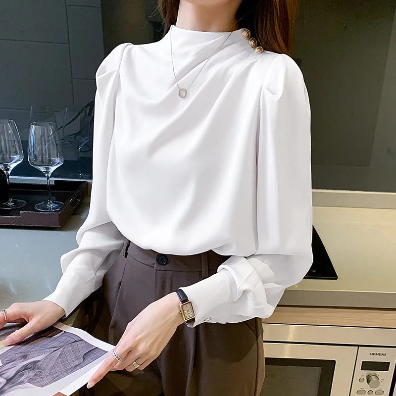 Stand Collar Pleated Lantern Sleeve Long Sleeve Top Loose Women's Shirt - White