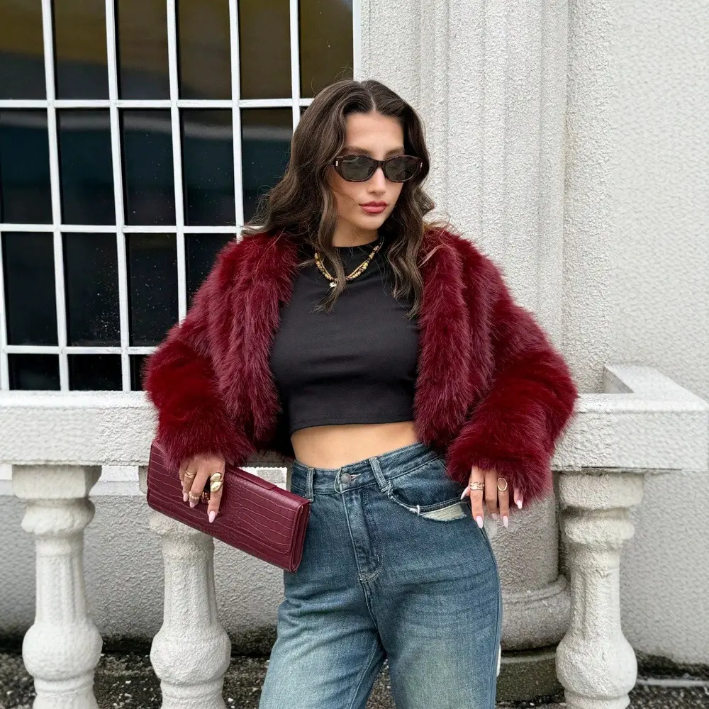Solid-color Casual V-neck Faux Fur Coat