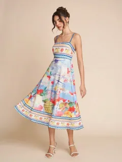 Elegant Spaghetti Strap Floral Print Summer Dress - Color - View 1