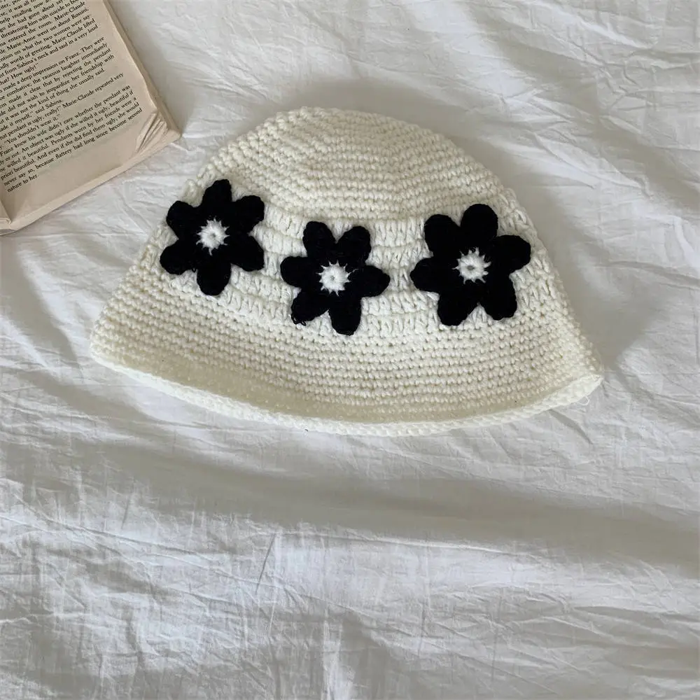 Niche Retro Handmade Flower Bucket Hat Japanese Sweet All-matching - White