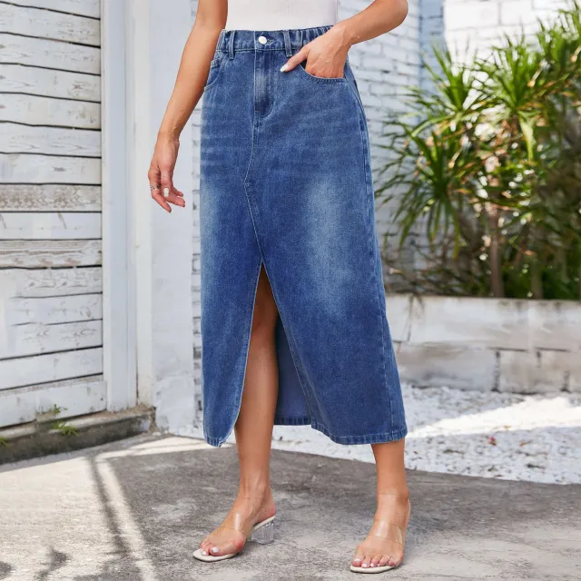 Washed Elastic Waist Split Denim Midi Dress Dark Blue - Shop at LoveMi