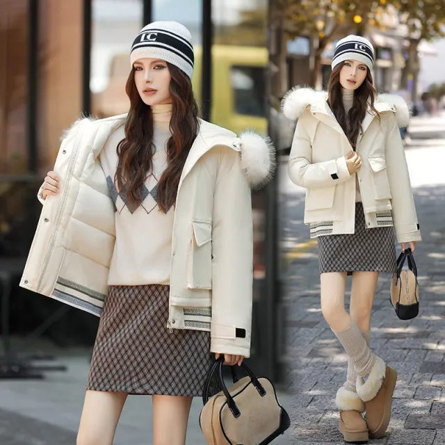 Russian Stitching Jacket Female Thicken Big Fur Collar Cotton Coat Jacket Creamy White - Shop at LoveMi
