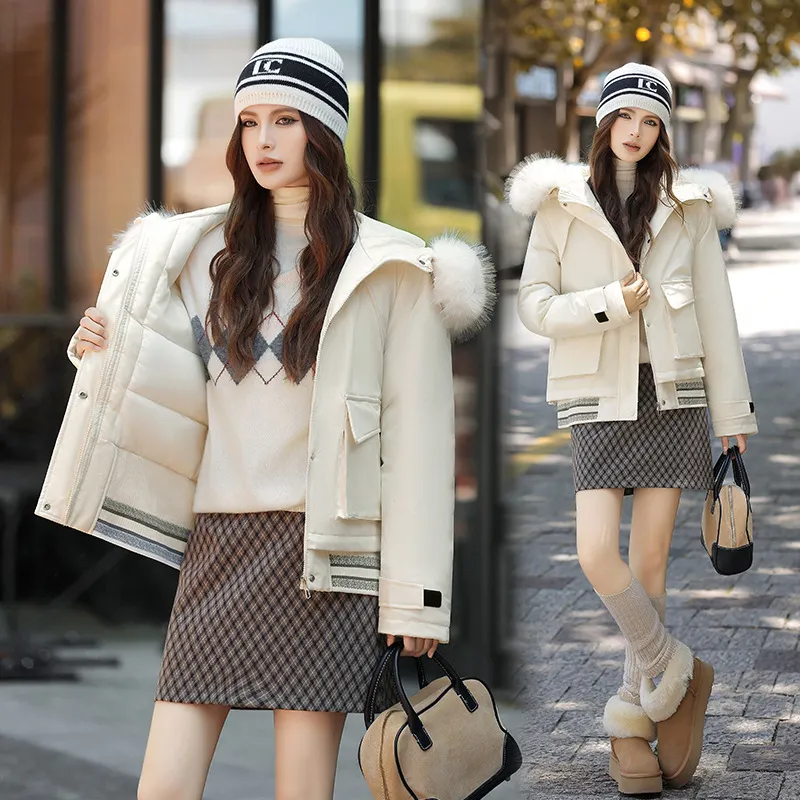 Russian Stitching Jacket Female Thicken Big Fur Collar Cotton Coat Jacket - Creamy White