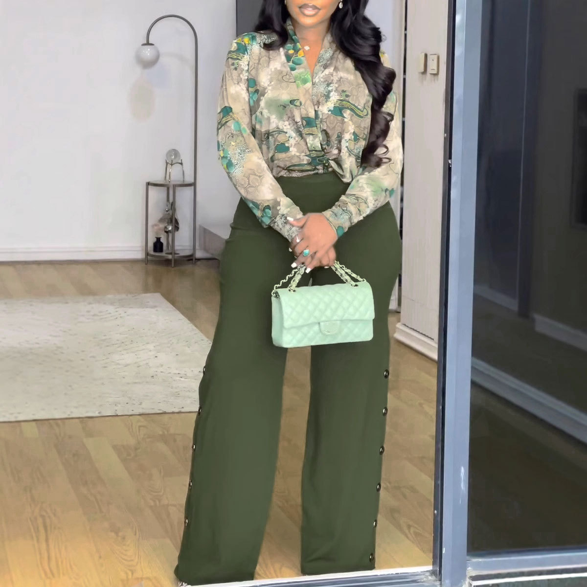 Women's Printed V-neck Shirt Wide Leg Pants Two-piece Set