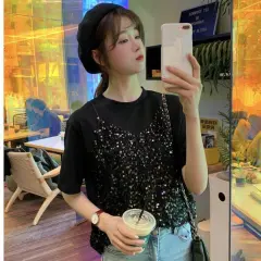Sequined Korean-style Short-sleeved T-shirt False Two-piece Patchwork Loose All-matching Top - Black - View 1