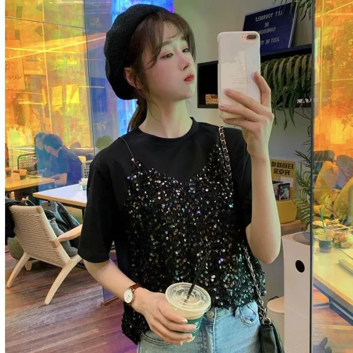 Sequined Korean-style Short-sleeved T-shirt False Two-piece Patchwork Loose All-matching Top - Black