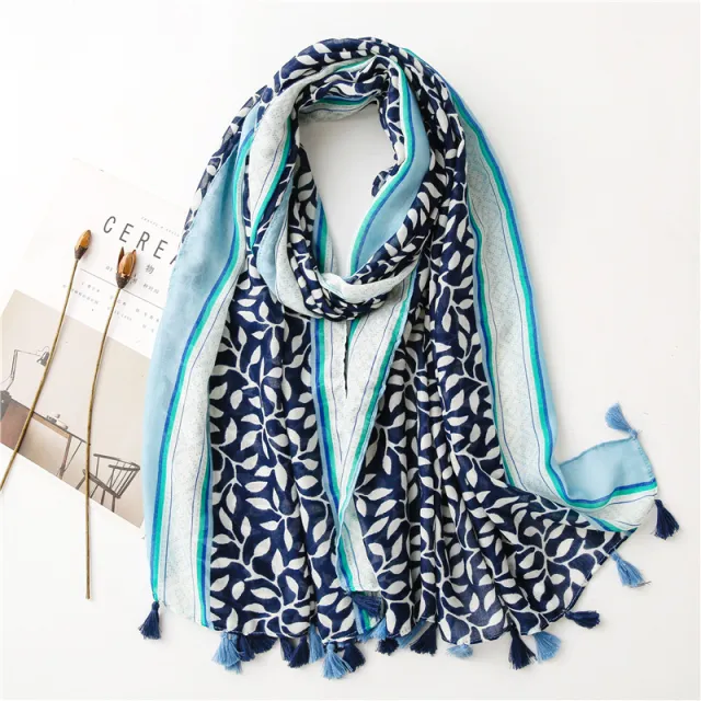 Women's Grape Leaves Sunscreen Cotton And Linen Tassel Shawl Scarf Sl2 104 041 Blue - Shop at LoveMi