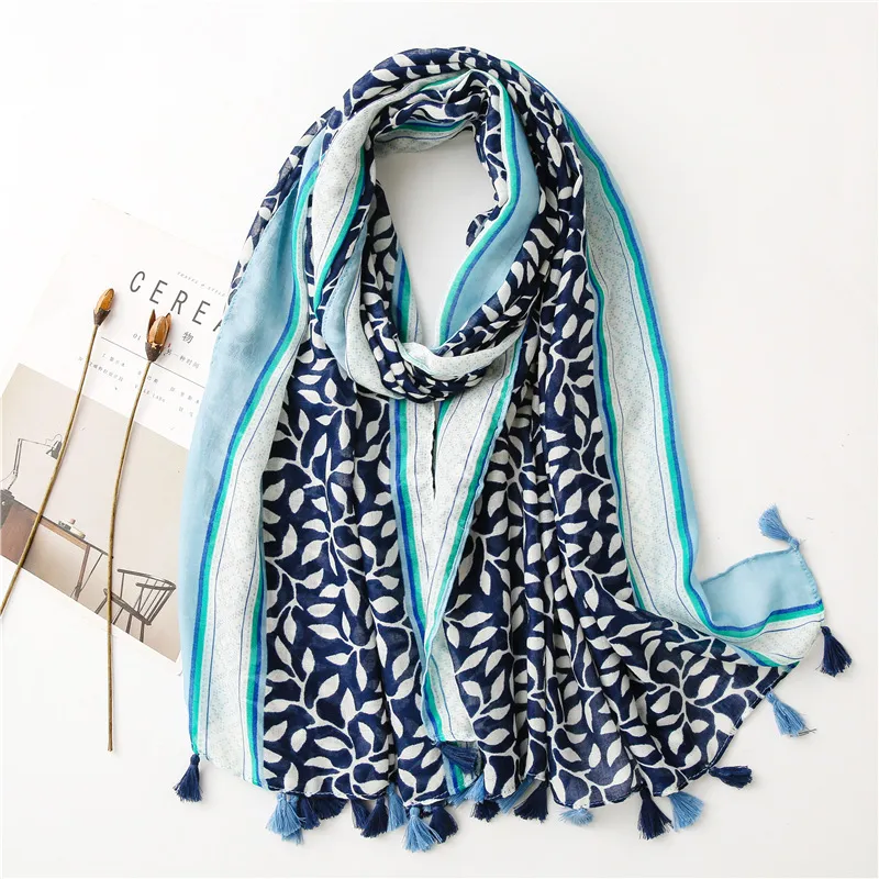 Women's Grape Leaves Sunscreen Cotton And Linen Tassel Shawl Scarf - Sl2 104 041 Blue