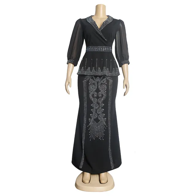 Plus Size Women's Fashion Heavy Embroidery Hot Drilling Top Fishtail Skirt Two piece Suit Black - Shop at LoveMi