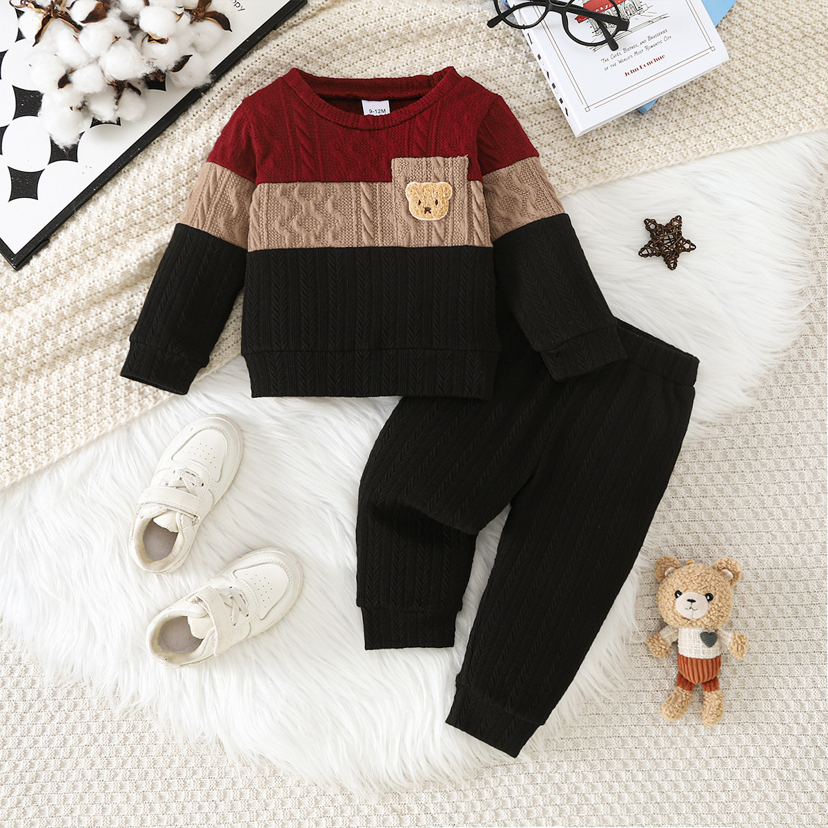 Color-block Crewneck Long-sleeve Hoodie With Bear Patch