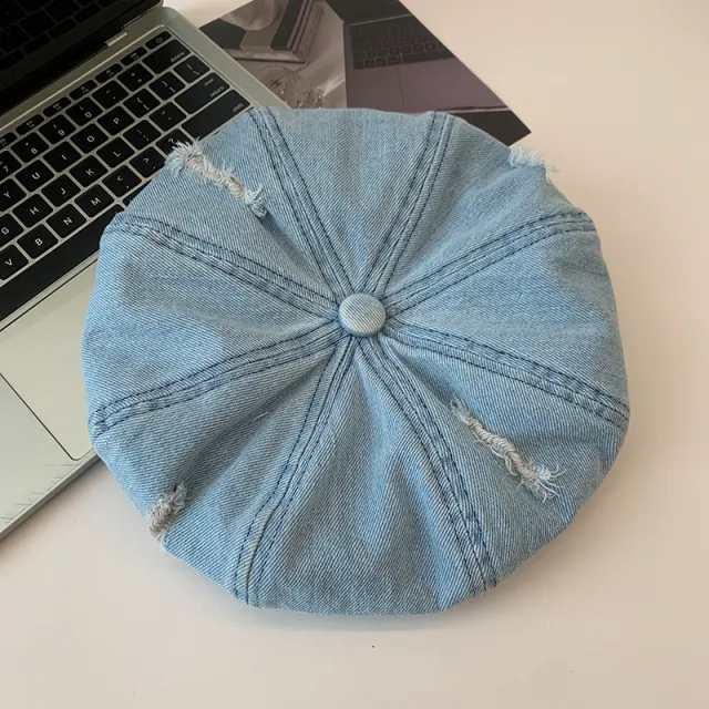 Korean Retro Make Old Ripped Denim Beret Light Blue - Shop at LoveMi
