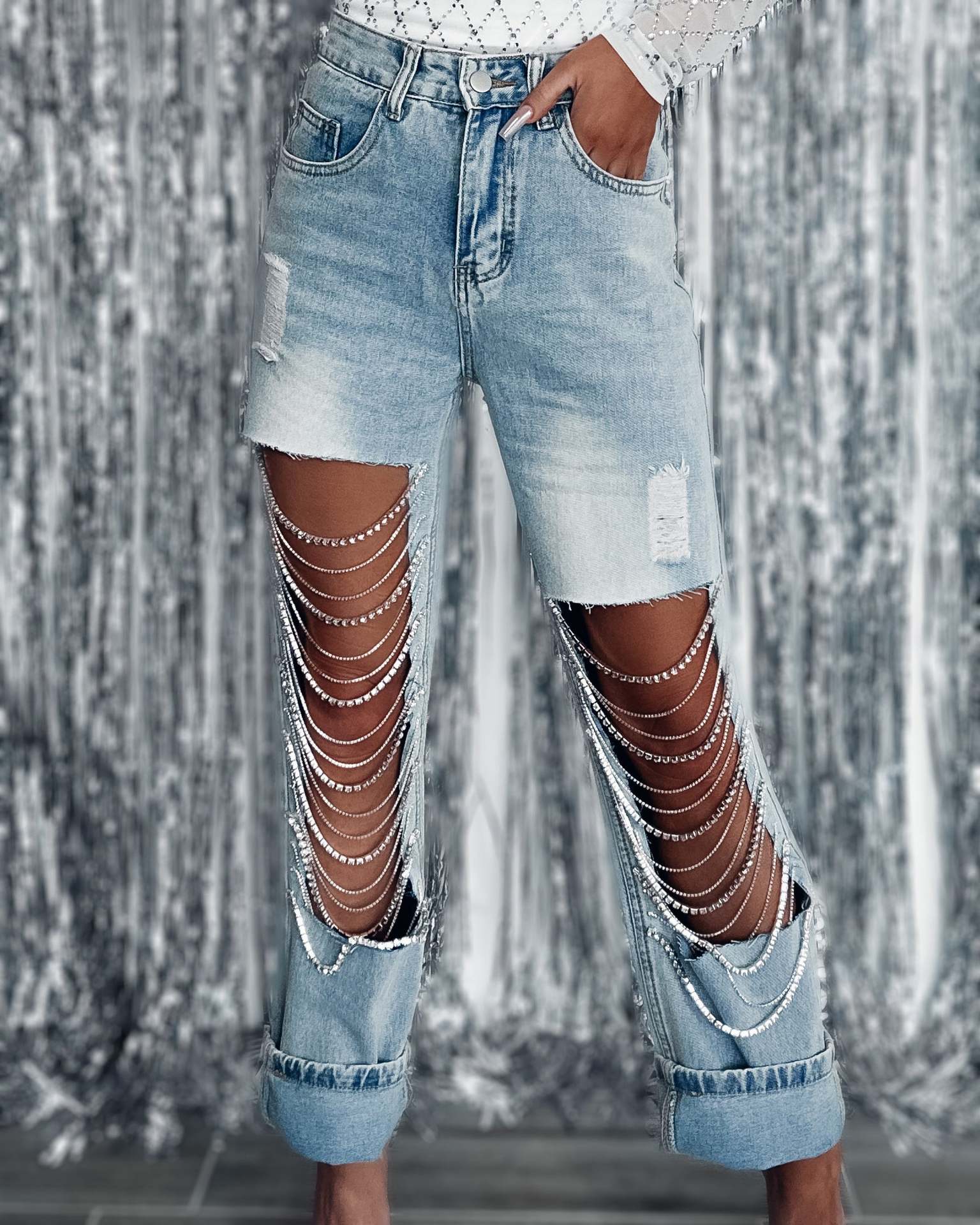 Big Ripped Jeans Women's Chain Ornaments Straight leg Pants Light Blue Jeans - Shop at LoveMi