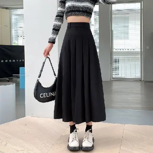 Women's Mid length High waisted Pleated Skirt Black - Shop at LoveMi
