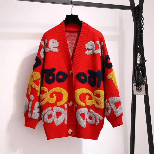 Foreign Trade Korean Style Loose And Idle Style Letter V neck Mid length Sweater Red - Shop at LoveMi