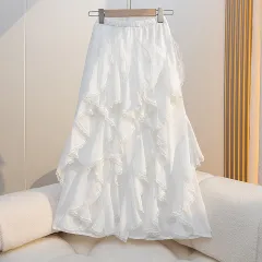 New Loose High Waist Stitching Lace Irregular Midi Dress - White - View 1