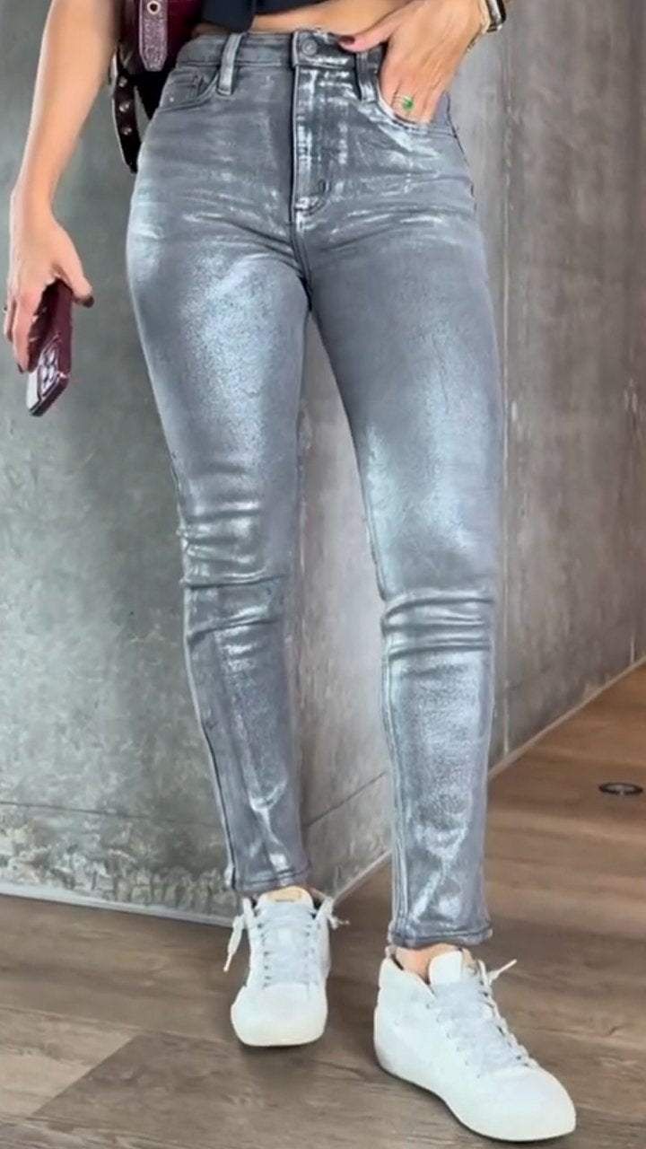 Womens Gold- And Silver-Stamping Stretch Skinny Jeans