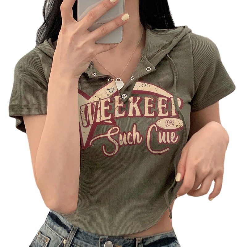 American Preppy Style Fashion Printed Hooded Casual T-shirt Irregular Curved Hem Slimming Versatile Short Top