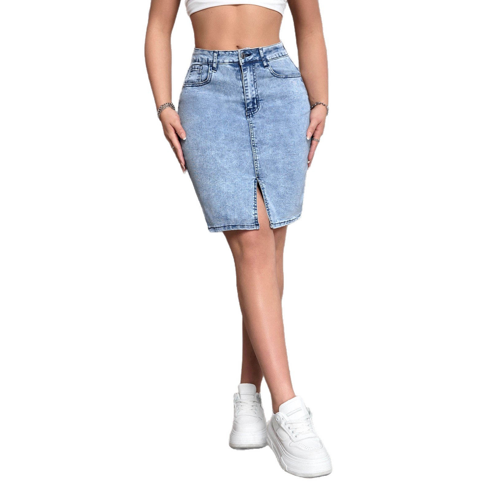 Womens Stretchy Slit Denim Skirt