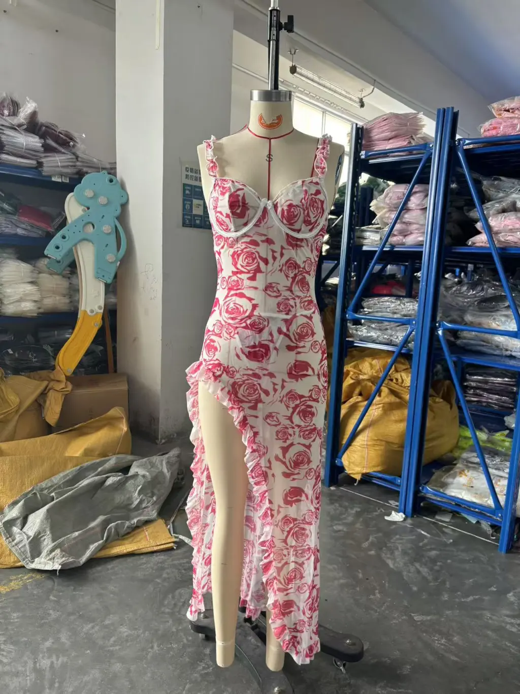 Women's Sling Floral Split Dress - White Red Rose