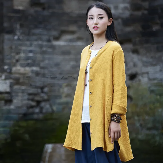 Spring And Summer Cotton And Linen Women's Retro Double layer Shirt Yellow - Shop at LoveMi