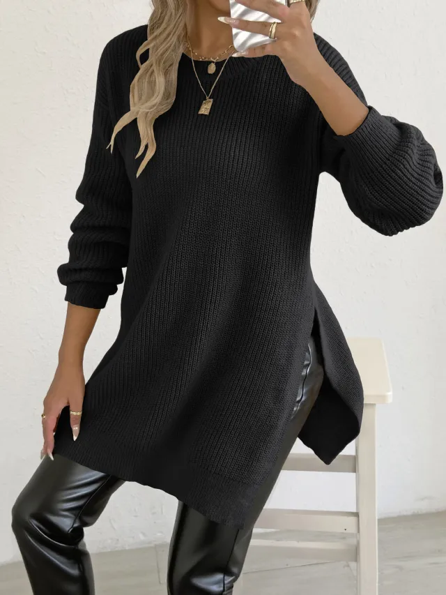 Crew neck Pullover Slit Design Machine knit Casual Sweater Black - Shop at LoveMi