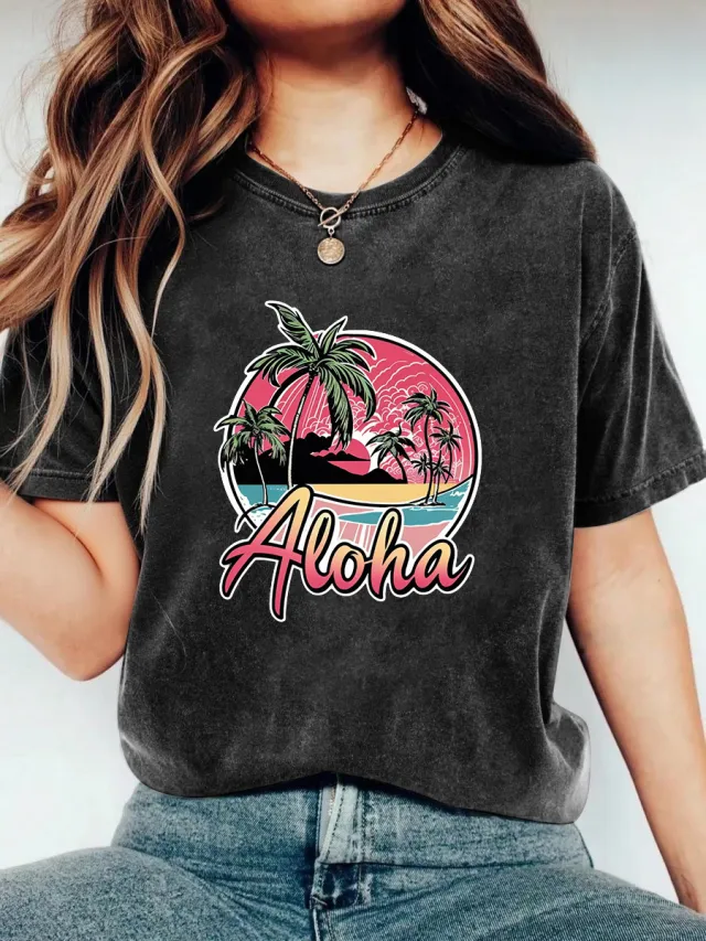 Women's Coconut Tree printed Top With A Round Neck, Loose Fit And Short Sleeves Gray - Shop at LoveMi