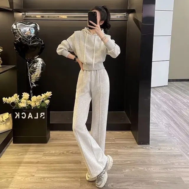 Casual Sportswomen's Autumn Regular Shoulder Hooded Short Sweatshirt And Pants Two piece Set Spring Autumn Light Gray - Shop at LoveMi