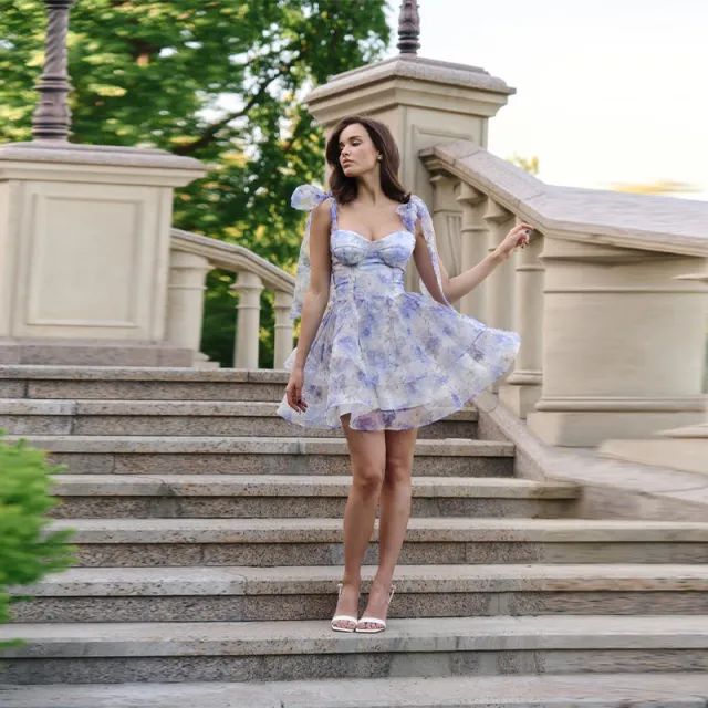 Woman Square neck Printing Bow Suspenders Dress Blue - Shop at LoveMi